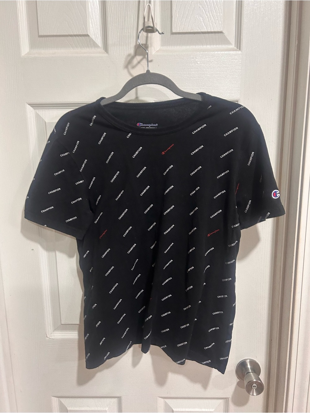 Champion Black All-Over Micro Logo Short Sleeve Tee with Red Accents